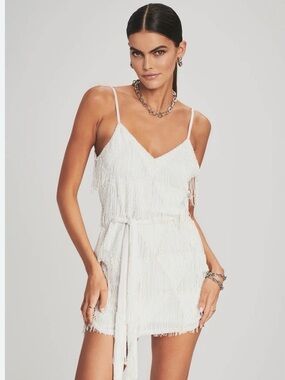 Retrofete Sleeveless Fringe Embellished Sequins Mini Dress Silver Women's Medium